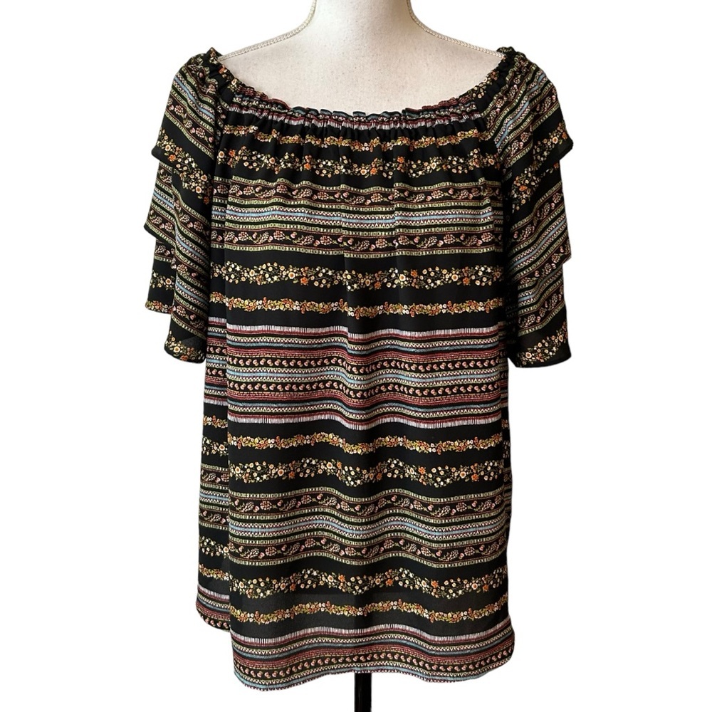 LOFT Boho Floral Ruffle Neck On or Off‎ Shoulder Top SZ Medium Black Multi Color